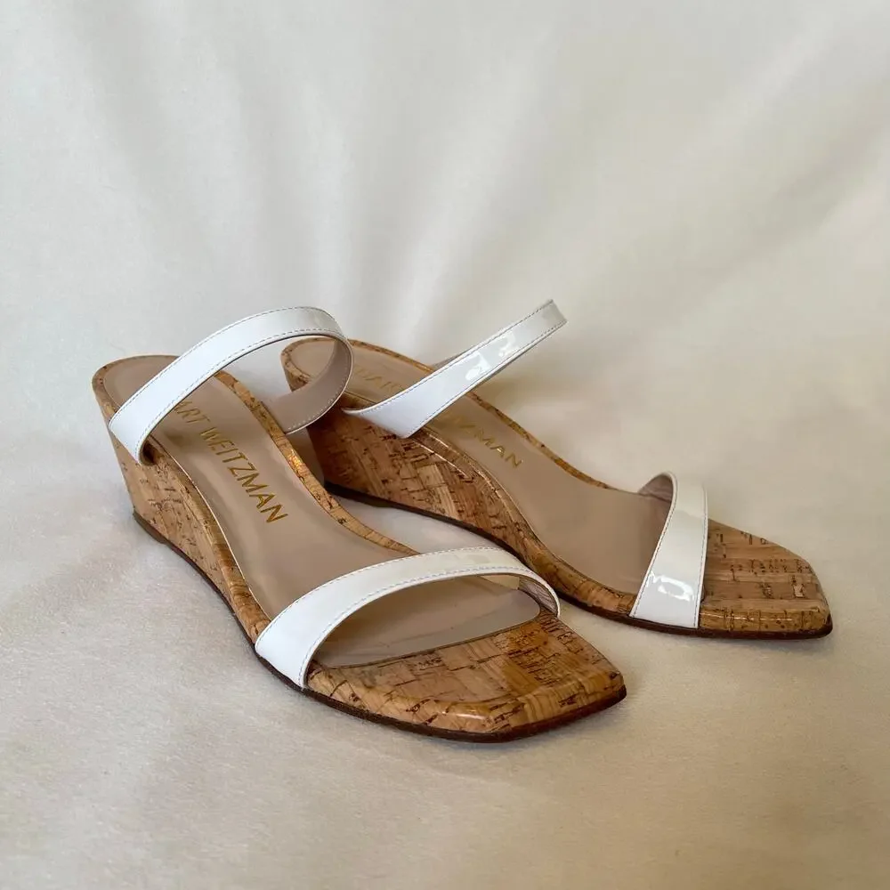 Stuart‎ Weitzman Aleena Wedge Heel Sandals 7.5 Narrow White Patent Leather Cork - Picture 3 of 13